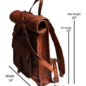 jaald 23" Brown Leather Backpack Vintage Rucksack Laptop Bag Water Resistant Roll Top College Bookbag Comfortable Lightweight Travel Hiking/picnic For Men