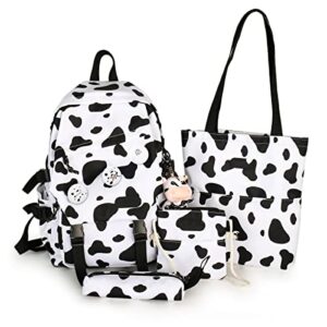 cow print backpack for school, 6pcs set student preppy kawaii mini backpack shoulder bag pencil box with pin and accessories (white)