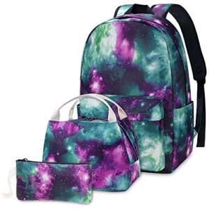 galaxy backpack set 3-in-1 kids school bag, junlion laptop backpack lunch bag pencil case for teen boys girls one size multicolor