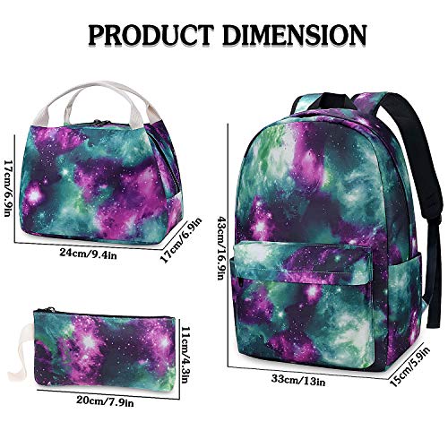 Galaxy Backpack Set 3-in-1 Kids School Bag, Junlion Laptop Backpack Lunch Bag Pencil Case for Teen Boys Girls One Size Multicolor