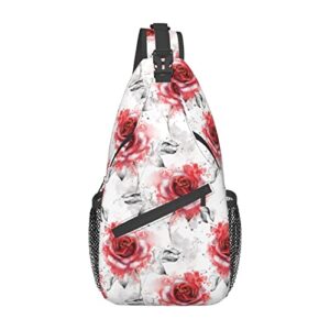 SUPLUCHOM Sling Bag Red Rose Gray Flower Hiking Daypack Crossbody Shoulder Backpack Travel Chest Pack for Men Women