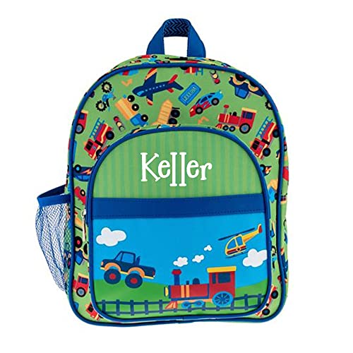 Personalized Trains Planes Tractors Backpack - Back to School or Travel Tote Book Bag with Custom Name