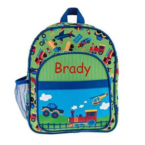 Personalized Trains Planes Tractors Backpack - Back to School or Travel Tote Book Bag with Custom Name