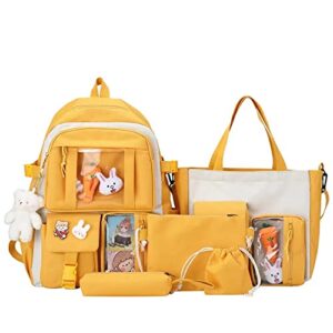 kawaii backpack set of 5 with pins and accessories cute aesthetic backpack set with display window for school teen girls (yellow)