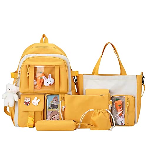 Kawaii Backpack Set of 5 with Pins and Accessories Cute Aesthetic Backpack Set with Display Window for School Teen Girls (Yellow)