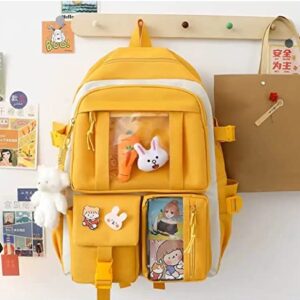 Kawaii Backpack Set of 5 with Pins and Accessories Cute Aesthetic Backpack Set with Display Window for School Teen Girls (Yellow)