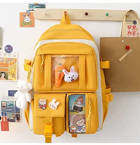 Kawaii Backpack Set of 5 with Pins and Accessories Cute Aesthetic Backpack Set with Display Window for School Teen Girls (Yellow)