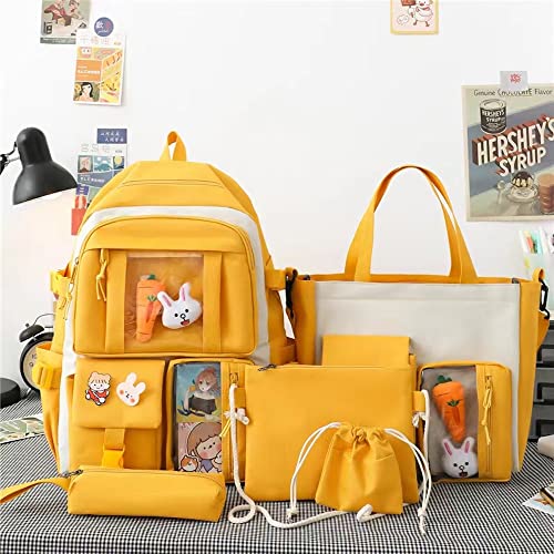 Kawaii Backpack Set of 5 with Pins and Accessories Cute Aesthetic Backpack Set with Display Window for School Teen Girls (Yellow)