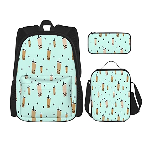 3 Piece Backpack Set Boba Tea On Blue Background, Bubble Tea, Milk Tea With Black Pearl School Bag,Travel Camping Daypack Students Bookbag Pencil Case Lunch Bag Combination