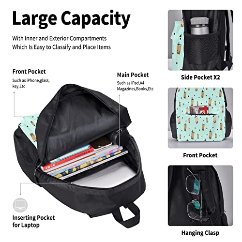 3 Piece Backpack Set Boba Tea On Blue Background, Bubble Tea, Milk Tea With Black Pearl School Bag,Travel Camping Daypack Students Bookbag Pencil Case Lunch Bag Combination