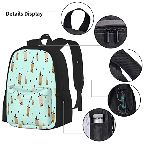 3 Piece Backpack Set Boba Tea On Blue Background, Bubble Tea, Milk Tea With Black Pearl School Bag,Travel Camping Daypack Students Bookbag Pencil Case Lunch Bag Combination