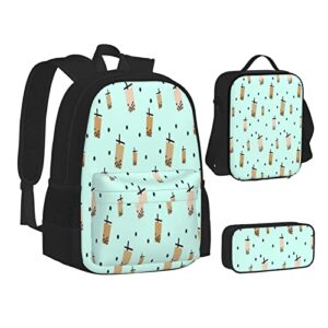 3 Piece Backpack Set Boba Tea On Blue Background, Bubble Tea, Milk Tea With Black Pearl School Bag,Travel Camping Daypack Students Bookbag Pencil Case Lunch Bag Combination