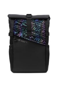 asus rog bp4701 43.18 cm gaming backpack (black), with holographic cybertext printing, roll up design, suitable for up to 43.18 cm laptop