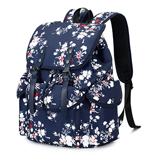 NOHCLIE Large Belt Drawstring Backpack Women Floral Casual College Bookbag Lady Travel Rucksack 15.6 inches Laptop Bag (Plum Blossom)