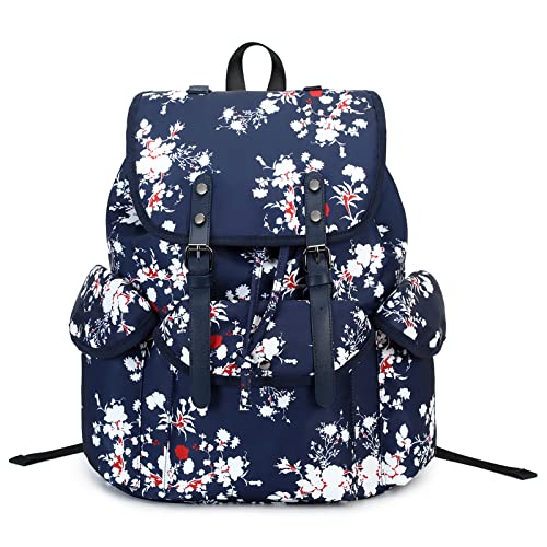 NOHCLIE Large Belt Drawstring Backpack Women Floral Casual College Bookbag Lady Travel Rucksack 15.6 inches Laptop Bag (Plum Blossom)