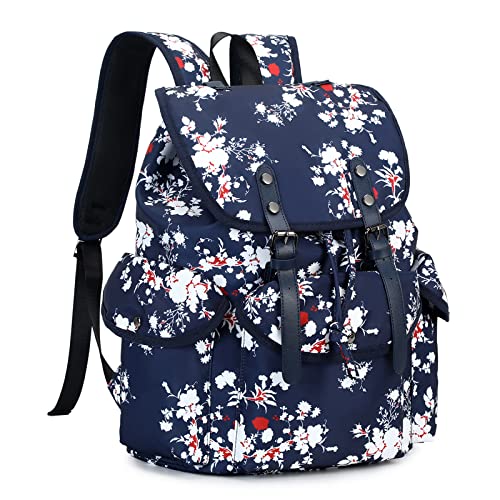 NOHCLIE Large Belt Drawstring Backpack Women Floral Casual College Bookbag Lady Travel Rucksack 15.6 inches Laptop Bag (Plum Blossom)