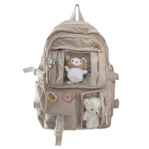 kawaii school canvas backpack with cute kitty and 2 bear pendants pins accessories laptop daypack aesthetic backpacks schoolbag back to school supplies (khaki)