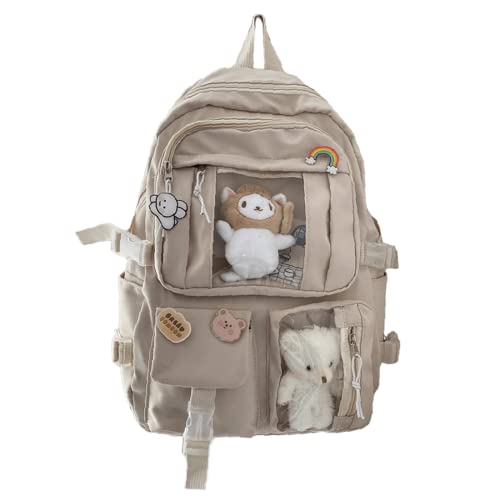 Kawaii School Canvas Backpack with Cute Kitty and 2 Bear Pendants Pins Accessories Laptop Daypack Aesthetic Backpacks Schoolbag Back To School Supplies (Khaki)