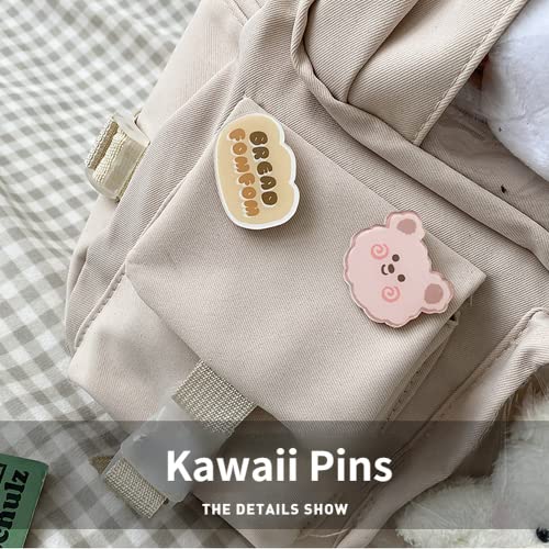 Kawaii School Canvas Backpack with Cute Kitty and 2 Bear Pendants Pins Accessories Laptop Daypack Aesthetic Backpacks Schoolbag Back To School Supplies (Khaki)