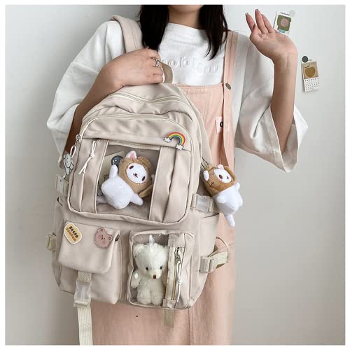 Kawaii School Canvas Backpack with Cute Kitty and 2 Bear Pendants Pins Accessories Laptop Daypack Aesthetic Backpacks Schoolbag Back To School Supplies (Khaki)