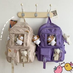 Kawaii School Canvas Backpack with Cute Kitty and 2 Bear Pendants Pins Accessories Laptop Daypack Aesthetic Backpacks Schoolbag Back To School Supplies (Khaki)