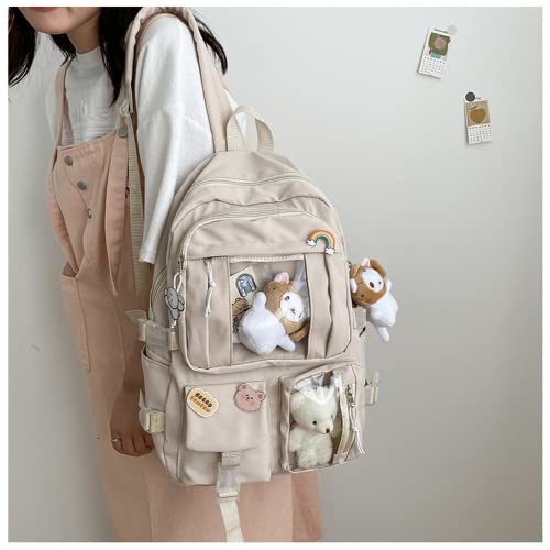 Kawaii School Canvas Backpack with Cute Kitty and 2 Bear Pendants Pins Accessories Laptop Daypack Aesthetic Backpacks Schoolbag Back To School Supplies (Khaki)