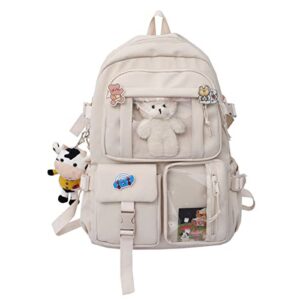 kowvowz kawaii backpack for teen girls aesthetic student bookbags with cute pin bear pendant harajuku school nylon waterproof (white)