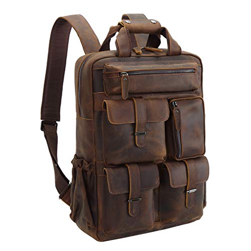 Full Grain Cowhide Leather Multi Pockets 16 Inch Laptop Backpack Travel Bag (Dark Brown(Updated Version))