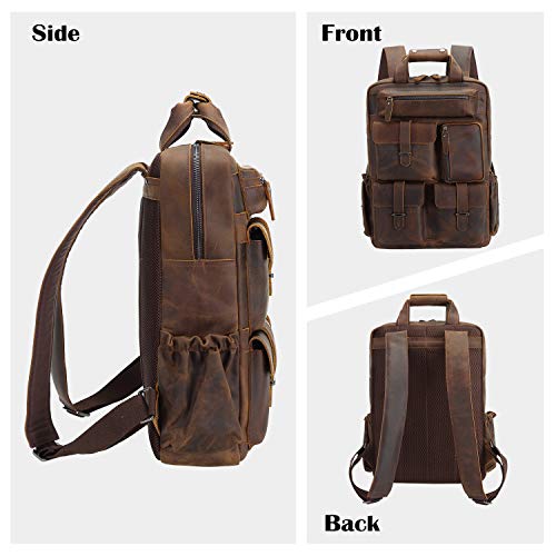 Full Grain Cowhide Leather Multi Pockets 16 Inch Laptop Backpack Travel Bag (Dark Brown(Updated Version))