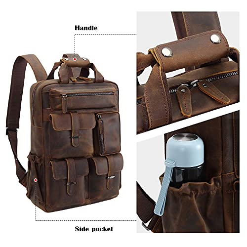 Full Grain Cowhide Leather Multi Pockets 16 Inch Laptop Backpack Travel Bag (Dark Brown(Updated Version))