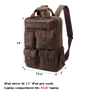 Full Grain Cowhide Leather Multi Pockets 16 Inch Laptop Backpack Travel Bag (Dark Brown(Updated Version))