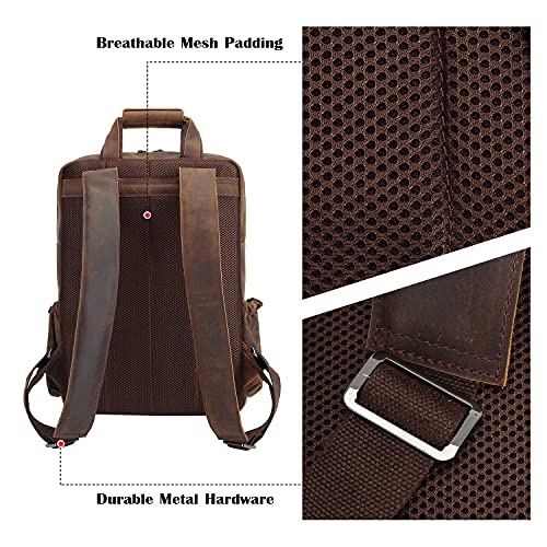 Full Grain Cowhide Leather Multi Pockets 16 Inch Laptop Backpack Travel Bag (Dark Brown(Updated Version))