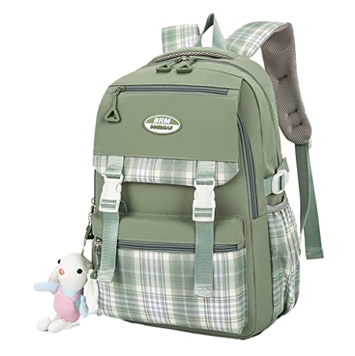 CLESUZ Aesthetic Backpack Plaid School Laptop Backpack Lightweight Travel Backpack for Girls Teens (Green)