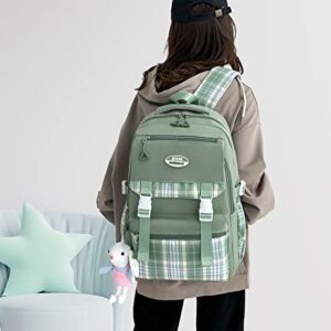 CLESUZ Aesthetic Backpack Plaid School Laptop Backpack Lightweight Travel Backpack for Girls Teens (Green)