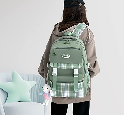 CLESUZ Aesthetic Backpack Plaid School Laptop Backpack Lightweight Travel Backpack for Girls Teens (Green)