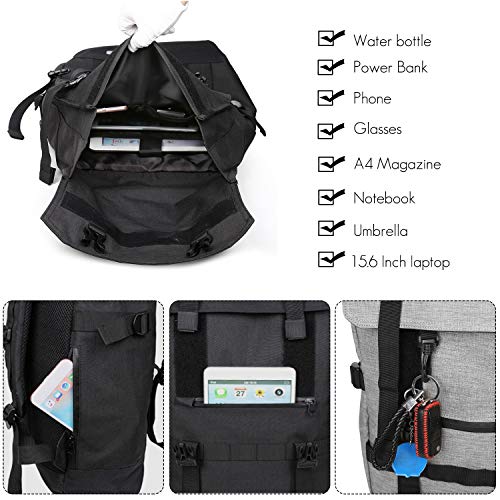 FANDARE Roll-top Backpack Expandable Daypacks Anti-Theft Rucksack Teenager College School Bag Lightweight Knapsack Field Pack for Men Women Outdoor Travel Hiking Camping Campus Gray