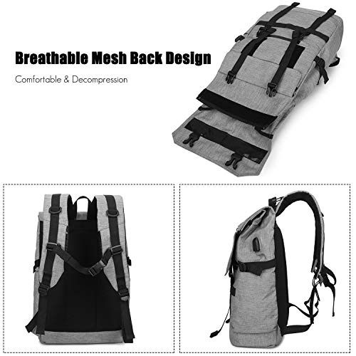 FANDARE Roll-top Backpack Expandable Daypacks Anti-Theft Rucksack Teenager College School Bag Lightweight Knapsack Field Pack for Men Women Outdoor Travel Hiking Camping Campus Gray