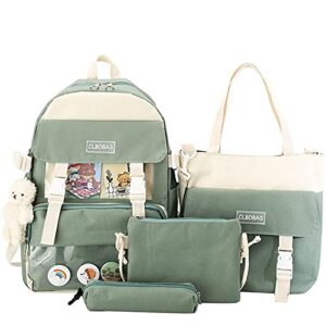 cute kawaii backpack 4pcs canvas backpack give away bear pendant pencil pouch shoulder bag lunch bag for girls boys (one size, green)