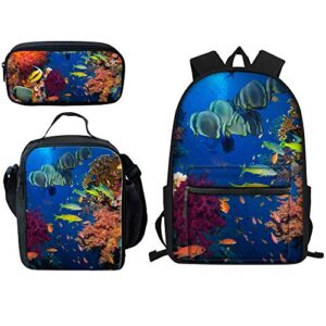 kids backpacks set for school underwater marine fish children’s book bag with lunch bags and pencil case