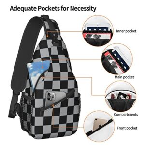 Black And Gray Checkered Sling Backpack Chest Bags Crossbody Shoulder Bag Travel Hiking Daypack for Women Men