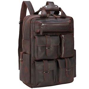 tiding men’s vintage genuine leather 15.6 inch laptop backpack multi pockets school travel daypack