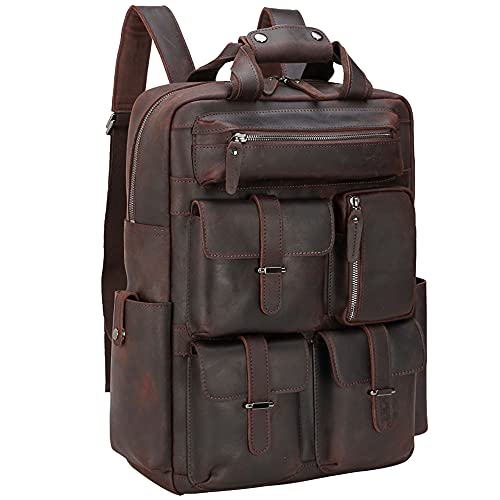 TIDING Men's Vintage Genuine Leather 15.6 Inch Laptop Backpack Multi Pockets School Travel Daypack