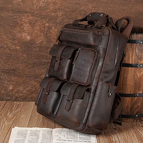 TIDING Men's Vintage Genuine Leather 15.6 Inch Laptop Backpack Multi Pockets School Travel Daypack