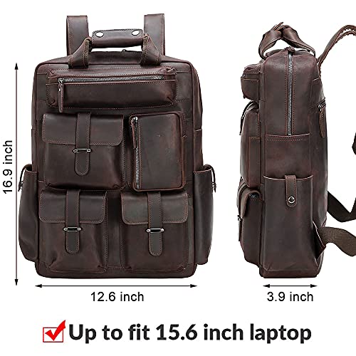 TIDING Men's Vintage Genuine Leather 15.6 Inch Laptop Backpack Multi Pockets School Travel Daypack