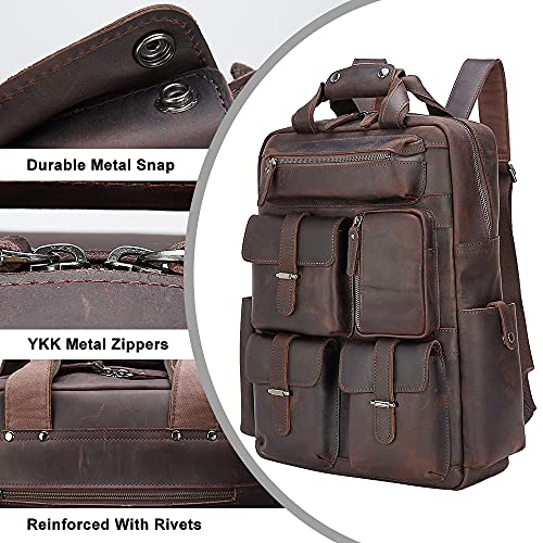 TIDING Men's Vintage Genuine Leather 15.6 Inch Laptop Backpack Multi Pockets School Travel Daypack