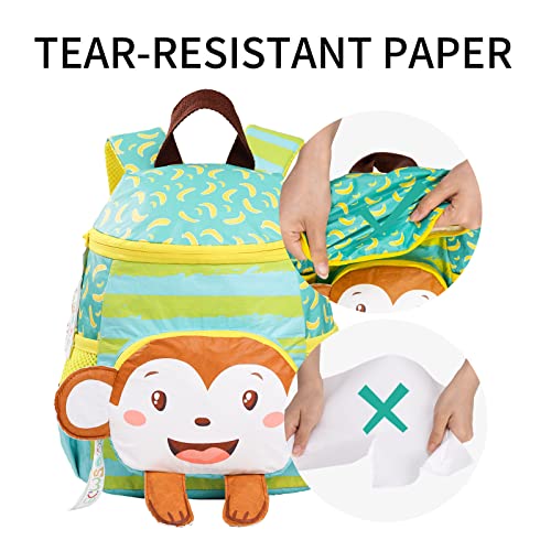 GreenTribes Toddler Backpack - Tyvek - Animal Schoolbag for Kids - Waterproof Preschool Backpack - Travel Paper Bag for Baby Girl Boy 2-8 Years,Cute Monkey