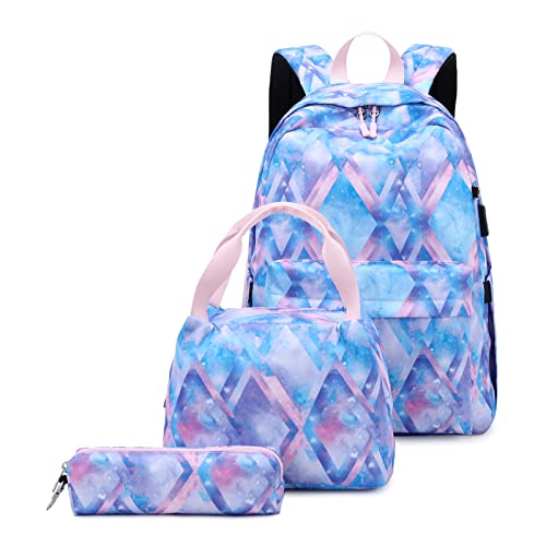 ZHIERNA Kids Backpack For Girls Teen ,3Pcs Set Cute elementary school Bag, 15.6in Laptop Daypack Bookbags With USB Charging Port … (Blue)