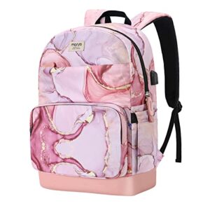 mosiso 15.6-16 inch 20l laptop backpack for women girls, polyester anti-theft casual daypack bag with luggage strap&usb charging port, travel business college school bookbag, marble mo-mbh216, pink