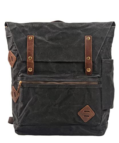 WUDON Leather Laptop Backpack for Men - Vintage Waxed Canvas Shoulder Rucksack for School Flight Hiking