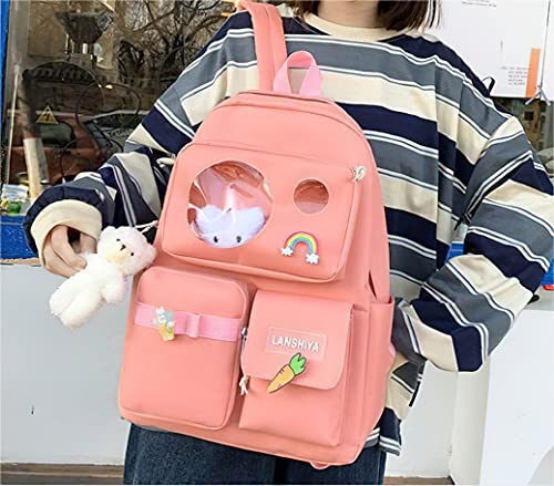 LaurelTree Kawaii Aesthetic Cute 5pcs School Bags Set with Accessories School Suppliers for Teens Girls Backpack Tote Bag (Pink)